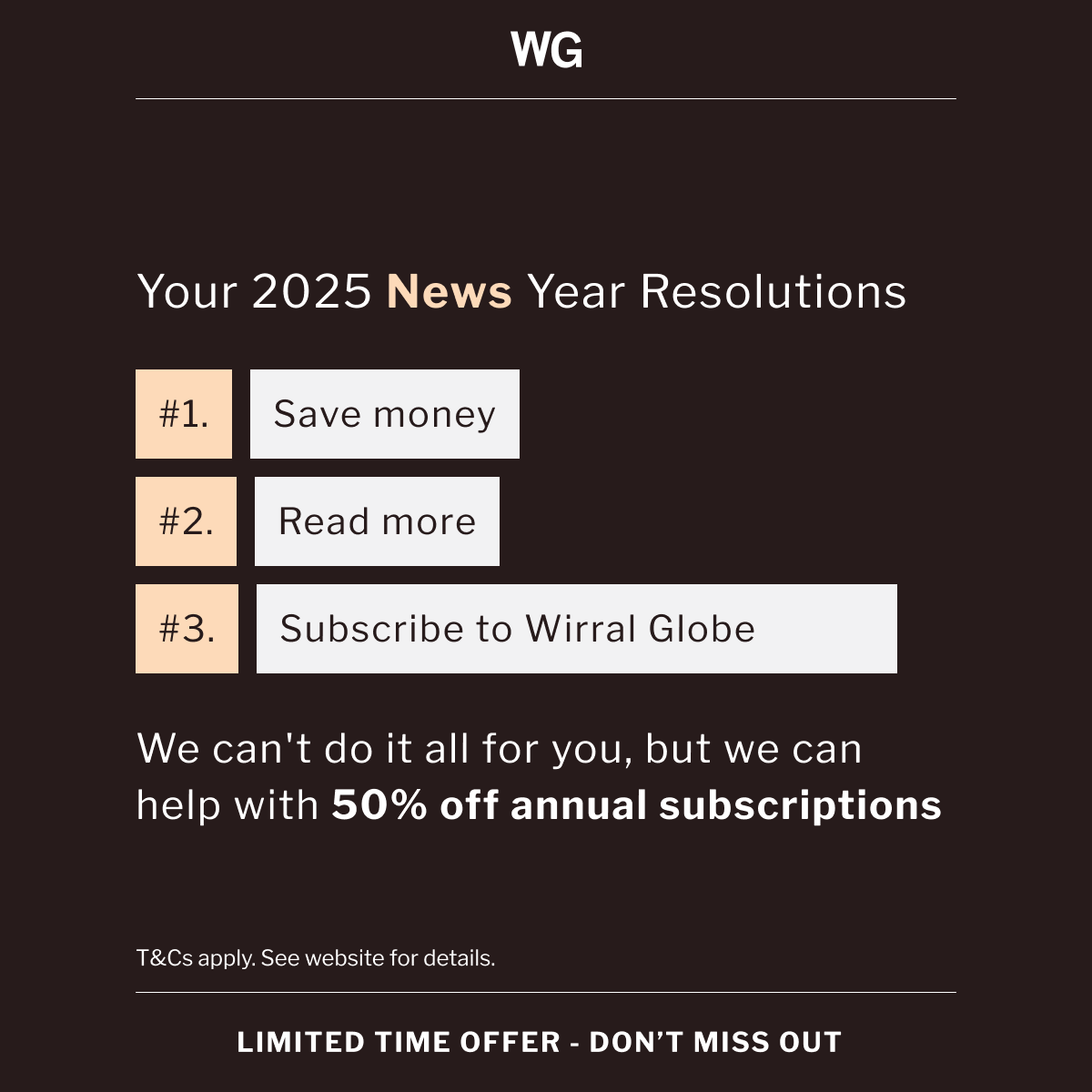 WirralGlobeNews's tweet image. Start 2025 Informed: Get 50% off an annual subscription or enjoy 3 months for just £3 with @WIRRALGLOBENEWS. Dive into local news and fulfil your resolution to stay updated. Offer valid until Jan 31st. #LocalInsights #NewYearDeal