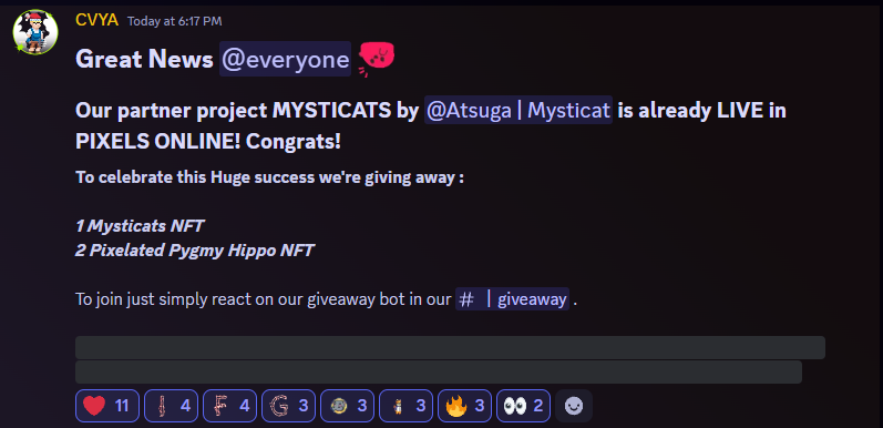 To celebrate the successful Integration of our dear friend <a href="/mysticatnft/">Mystiverse || Upcoming Mystifrog</a> We will have an NFT giveaway!
Make sure to join our giveaway in our discord channel.

Good Luck everyone! 🥳