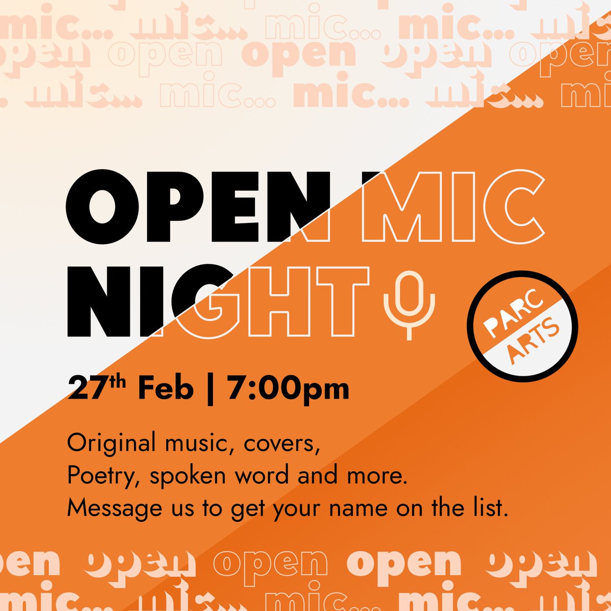 Get this date in your diaries!
Our next Open Mic night will be Thursday 27th February.

If you’ve never played the Parc arts stage before: you’re welcome!
If you’re a Parc arts regular: you’re welcome!

Just drop us a message in advance to save yourself a spot on the list.
