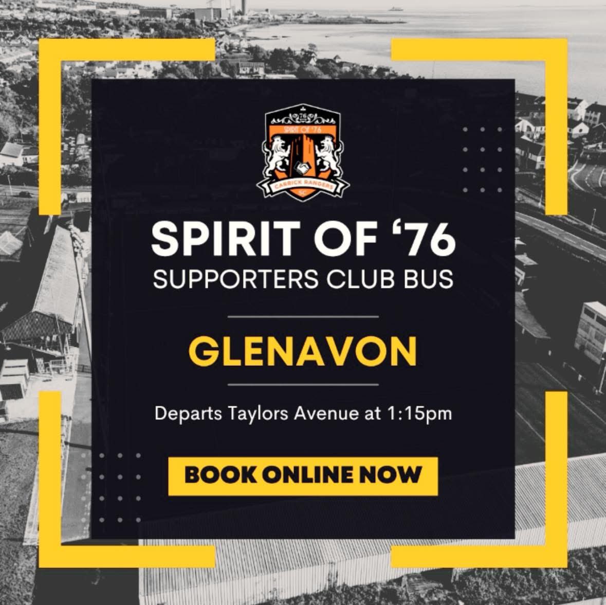 *GLENAVON BUS*

Saturday 25th January.
Departs Taylors Avenue at 1:15pm.
£10 non-members, £7 members, £5 U16.

Book your seat via the link below:

carrickrangers.co.uk/awaytravel.asp…