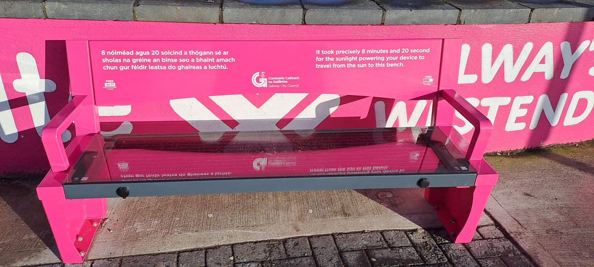 Galway City has recently installed three new solar powered smart benches as a trial initiative in Salthill, Ravens Terrace, and Eyre Square.

They provide wired/wireless charging for devices with , along with free Wi-Fi. 

Very handy if you're caught short of battery or data!
