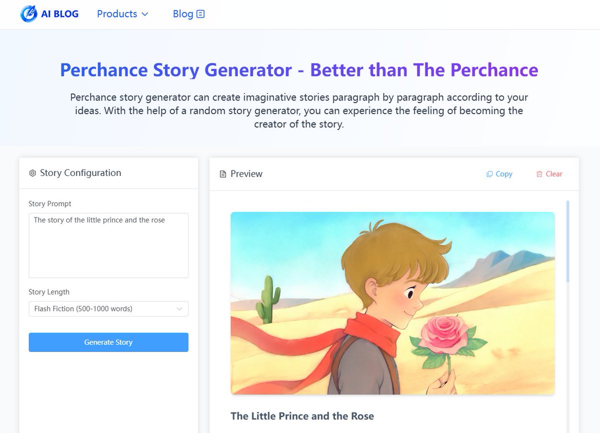 AIBlog_website's tweet image. Want to use AI to generate a random story? 🤔
AIBlog's perchance story generator generates a random story with a cover in 30 seconds, with high quality. 👍
No need to log in and it's completely free. If you have relevant needs, you can try it. 🥳
#aistory #perchancestory