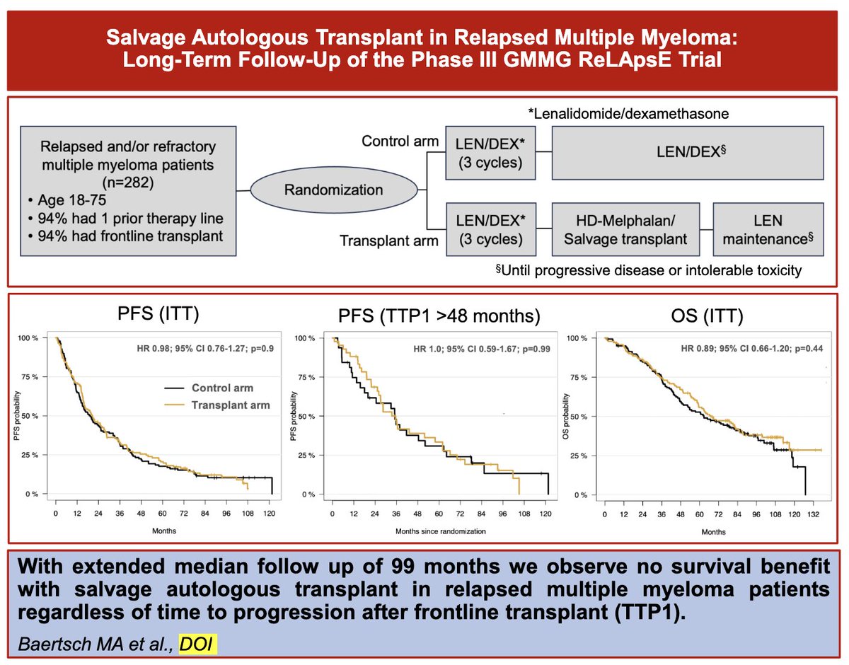 #Myeloma Paper of the Day: Long-term follow-up of Phase 3 GMMG ReLApsE trial of second ASCT finds median PFS was 20.5 &amp; 19.3 months in transplant &amp; control arms; median OS 67.1 and 62.7 months: pubmed.ncbi.nlm.nih.gov/39808798/. #mmsm Overall, does not support routine use of salvage ASCT.