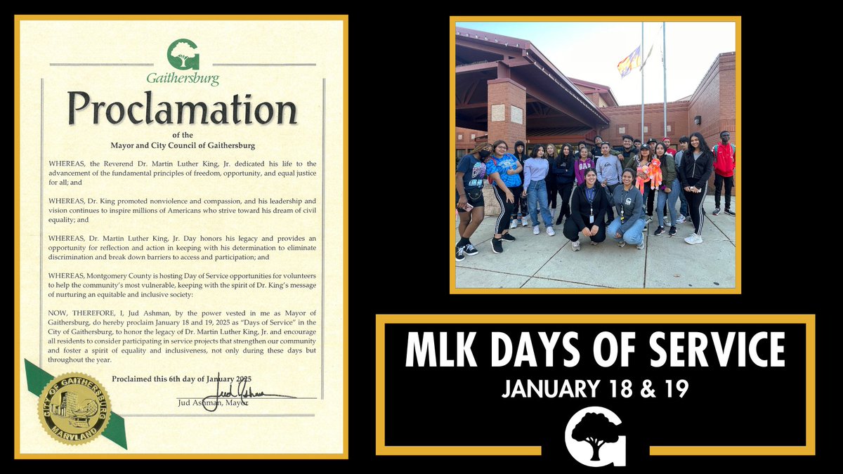 GburgMD's tweet image. ICYMI: The Mayor &amp;amp; City Council have proclaimed Jan. 18 &amp;amp; 19 as "Days of Service" in Gaithersburg to honor Dr. Martin Luther King Jr.'s legacy.

Join @MontCoVolunteer's MLK Days of Service &amp;amp; make a difference!

Learn more: gburg.md/DaysofService25

#MLKDaysofService #DaysofService