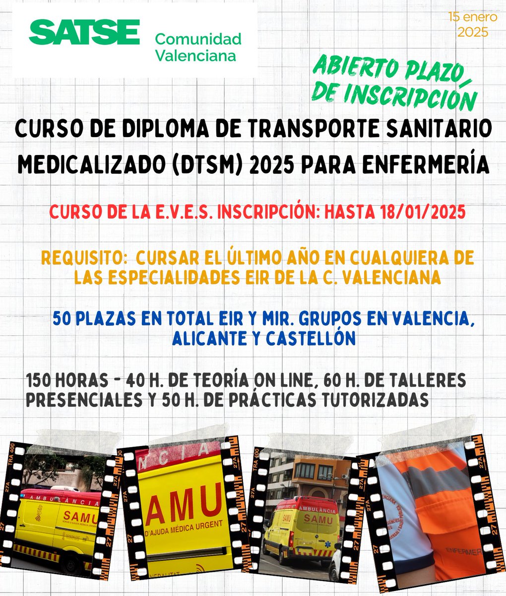 ✏️ Abierta la inscripción al Diploma de Transporte Sanitario Medicalizado 2025 (DTSM) dirigido a EIR (enfermeros/as residentes) EVES 👉 tinyurl.com/2y73z4sf