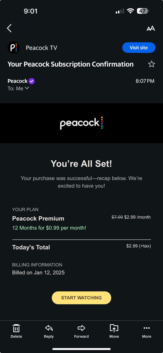 OMGHart's tweet photo. @peacock @kellycampbell @micelip Peacock hit me with the bait and switch, and they're refusing to honor this $0.99 promotion. https://t.co/PZfXY5s3Ki