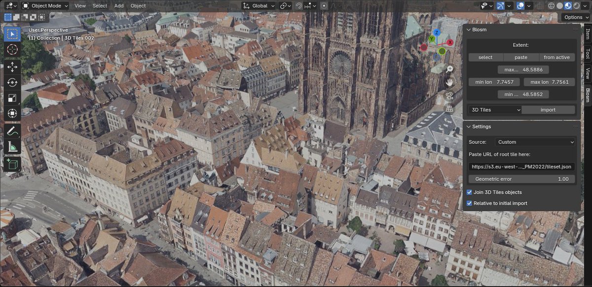 Blosm for #b3d imports any 3D Tiles (open format!), not just Google's.

Strasbourg &amp; more cities offer 3D Tiles with an open license! See the list github.com/vvoovv/blosm/w…. Paste a root URL in Blosm panel to try it out.

Request open 3D Tiles from your own city!
