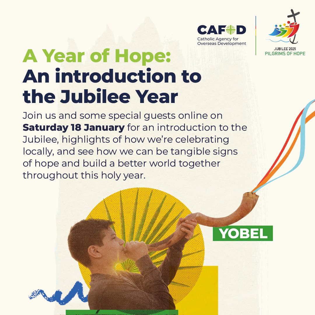 CAFOD's tweet image. Join us this Saturday for our special event on #Jubilee2025. 

We'll have special guests as we explore what the Jubilee means, how we're celebrating and how we can build a better world. 

Learn more and register. ⤵️ 

cafod.org.uk/news/events/a-…