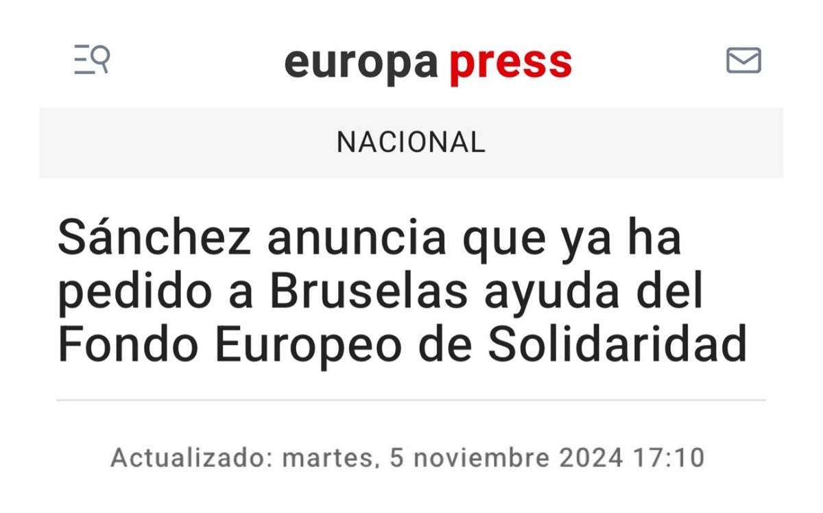 Sánchez el 5 de noviembre: “Hemos solicitado formalmente a la Comisión Europea la ayuda para los damnificados por la DANA”.

Portavoz de la Comisión Europea hoy: “No hemos recibido ninguna solicitud”.

No es solo un criminal que se quedó de brazos cruzados mientras moría la