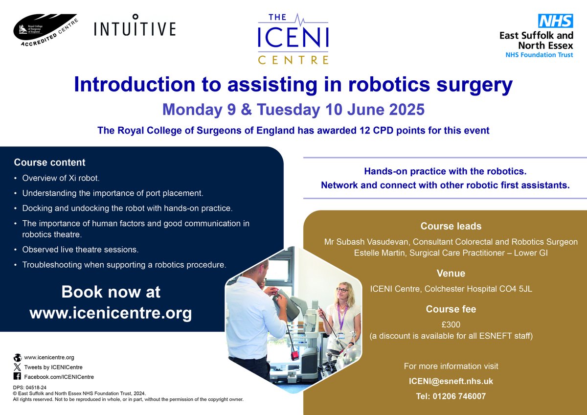Introduction to Assisting in Robotics Surgery
Mon 9 &amp; Tues 10 June 2025
This two day course include:
👉port placement
👉docking and undocking
👉communication
👉observed live theatre sessions
👉troubleshooting when supporting a procedure
#roboticsurgery #Nursing 
<a href="/IntuitiveSurg/">Intuitive</a>