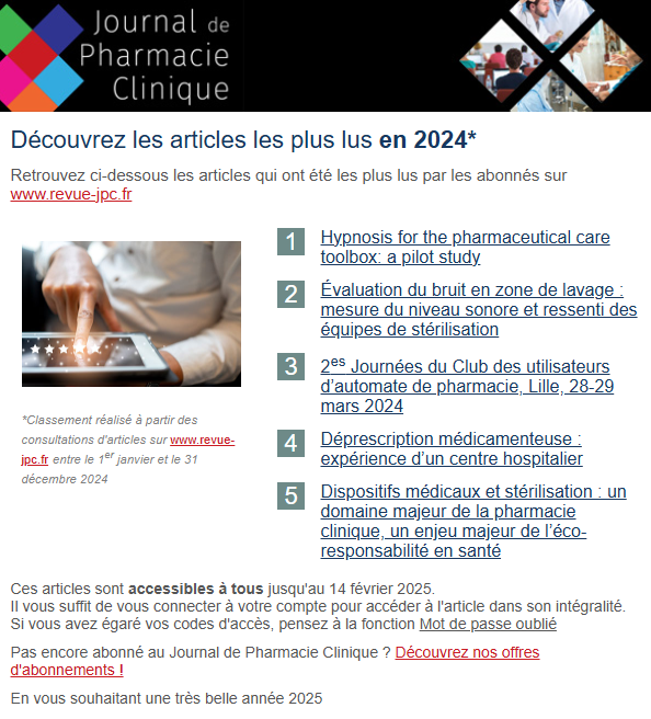 📍 Découvrez le top 5 🏆 des articles les plus lus en 2024 de la revue 𝐉𝐨𝐮𝐫𝐧𝐚𝐥 𝐝𝐞 𝐏𝐡𝐚𝐫𝐦𝐚𝐜𝐢𝐞 𝐂𝐥𝐢𝐧𝐢𝐪𝐮𝐞 ➡️ tinyurl.com/37wc88ea 
Ces articles sont accessibles jusqu'au 14 Février 2025.
Bonne lecture ! 
#PharmacieClinique