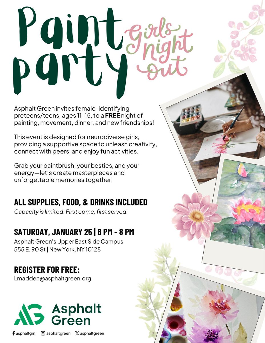 INCLUDEnyc (@includenyc) on Twitter photo Asphalt Green is hosting a paint party for female-identifying preteen and teens who are neurodiverse. Don't miss this FREE night of painting, movement, dinner, and new friendships! To register, email Lmadden@asphaltgreen.org. Asphalt Green is hosting a paint party for female-identifying preteen and teens who are neurodiverse. Don't miss this FREE night of painting, movement, dinner, and new friendships! To register, email Lmadden@asphaltgreen.org.