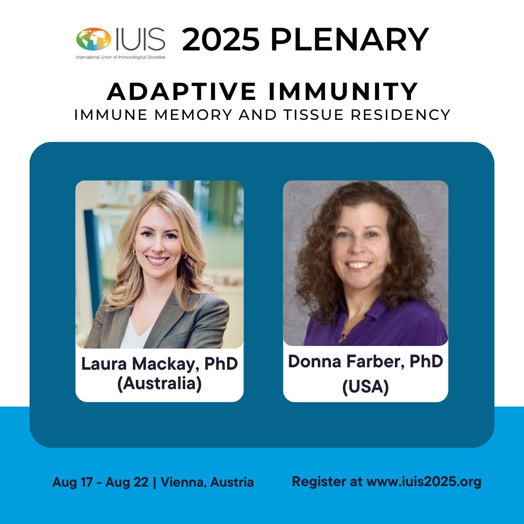 International Union of Immunological Societies (@iuis_online) on Twitter photo We are excited to share that #IUIS2025 in Vienna, Austria will include a plenary session with speakers, Dr. Laura Mackay (<a href="/LMackayLab/">Mackay Lab</a>) and Dr. Donna Farber (<a href="/DonnaFarber3/">Donna Farber</a> ), on "Immune Memory and Tissue Residency"!
Learn more & register at: iuis2025.org We are excited to share that #IUIS2025 in Vienna, Austria will include a plenary session with speakers, Dr. Laura Mackay (<a href="/LMackayLab/">Mackay Lab</a>) and Dr. Donna Farber (<a href="/DonnaFarber3/">Donna Farber</a> ), on "Immune Memory and Tissue Residency"!
Learn more & register at: iuis2025.org