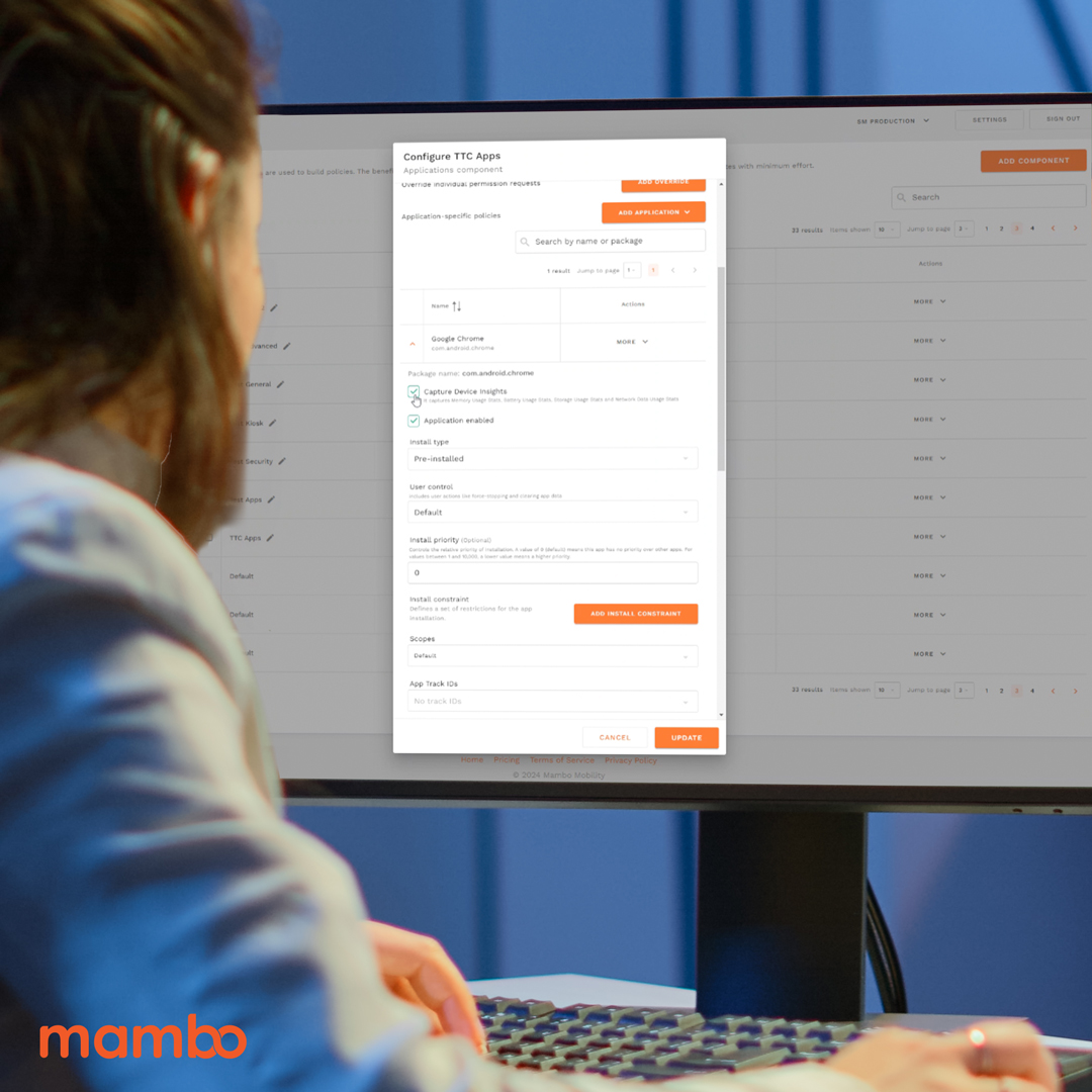 Take control of your device fleet's performance with App Insights.

Track memory, battery, and data usage for every app. Get actionable insights to boost efficiency and optimize performance.

That's the Mambo advantage.

#DeviceManagement #MamboEMM #EMM #MDM #Enterprise