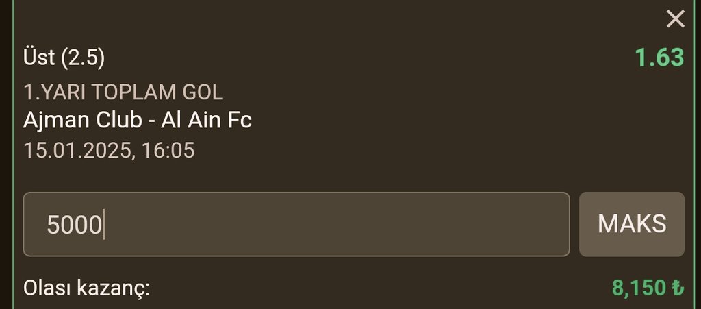 Kasa 5000----- Gelince 8150 

Ajman Club- Al Ain 

🚘 1. Devre 2.5 Üst olacak 💨

#rolling #iddaa #canlıbahis #canlı