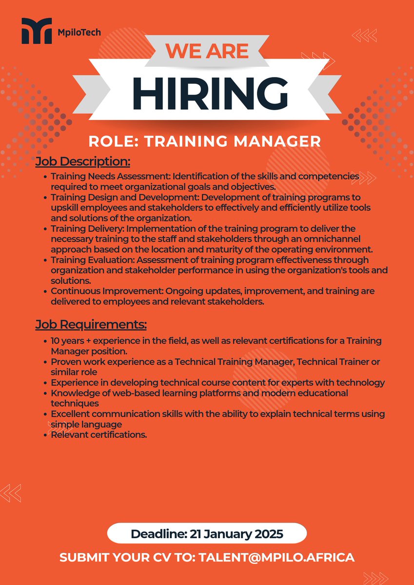 MpiloTech's tweet image. WE ARE HIRING 📢📢📢

Join us for an exciting opportunity as a Training Manager.

Hiring Company: Mpilo Technologies
Position: Training Manager
Salary: Market related

Submit your CV to talent@mpilo.africa. 

#trainingmanager #TechLeader #MpiloTech #DigitalBanking #jobsintech