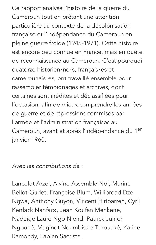 A paraître le 30 janvier @EditionsHermann 

La France au Cameroun (1945-1971). Rapport de la commission "Recherche" sur le rôle et l'engagement de la France au Cameroun - Karine Ramondy (dir.)