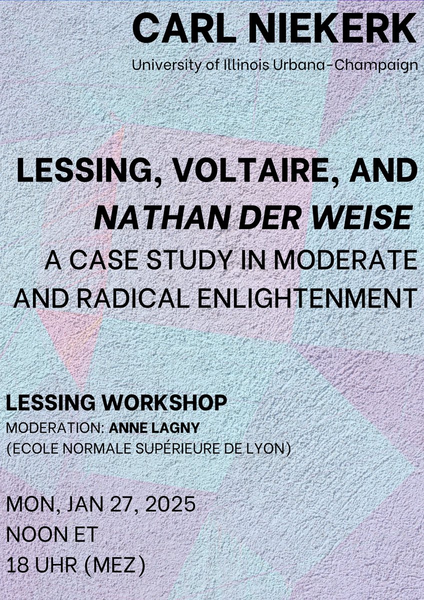 LessingWorkshop's tweet image. Delighted to announce the first #LessingWorkshop of the new year with CARL NIEKERK &amp;amp; ANNE LAGNY. 

Join us on Monday, January 27, noon ET bzw. 18 Uhr mitteleuropäischer Zeit.

Register now: bccte.zoom.us/meeting/regist…