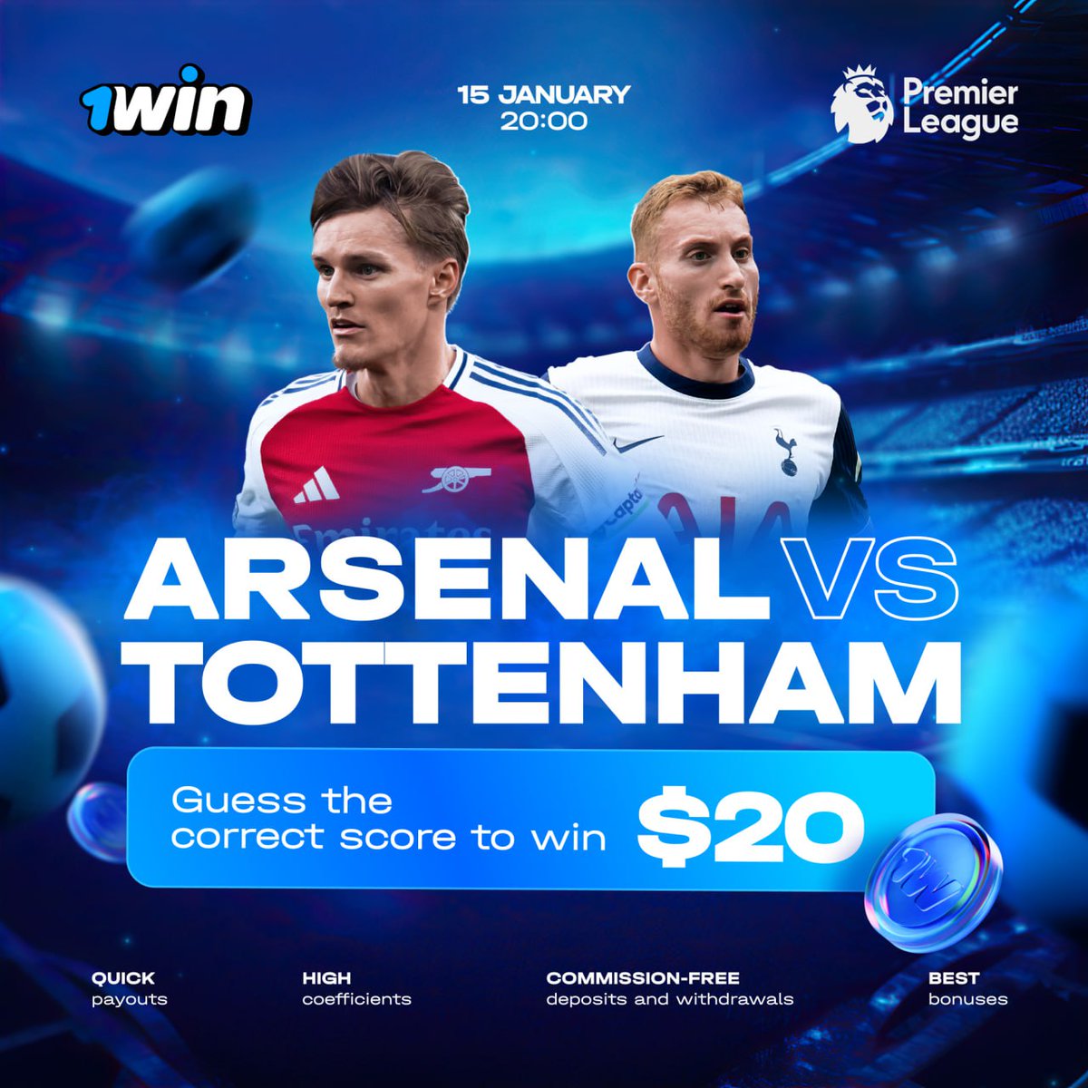 1winPro's tweet photo. 💡PREDICTION CONTEST 💡

1. Guess the final score in the match between Arsenal and Tottenham
2. Mention your 1win ID
3. Like and RT this post

💰Tomorrow, we'll send $20 to a lucky winner!

#1win | #Arsenal | #Tottenham | #PremierLeague https://t.co/jssyUJgVxA