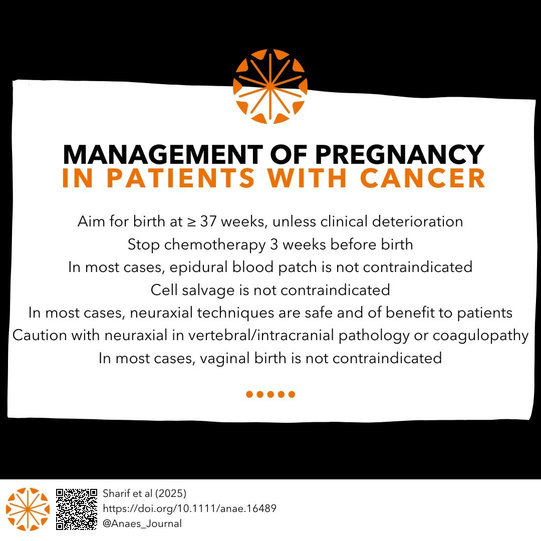 ππ―π’π¦π΄π΅π©π¦π΄πͺπ’ (@anaes_journal) on Twitter photo A summary of the key considerations in the anaesthetic management of pregnancy in patients with cancer.
#anaesthesia #medicine #obstetrics #oncology
<a href="/bsharif/">Ben Sharif</a> <a href="/Melanie_Nana1/">Melanie Nana</a> <a href="/rjharrison79/">Rachel Harrison (Kearns)</a> <a href="/queenielokwan/">Queenie Lo</a> @YavorRM
buff.ly/40sCzoq A summary of the key considerations in the anaesthetic management of pregnancy in patients with cancer.
#anaesthesia #medicine #obstetrics #oncology
<a href="/bsharif/">Ben Sharif</a> <a href="/Melanie_Nana1/">Melanie Nana</a> <a href="/rjharrison79/">Rachel Harrison (Kearns)</a> <a href="/queenielokwan/">Queenie Lo</a> @YavorRM
buff.ly/40sCzoq