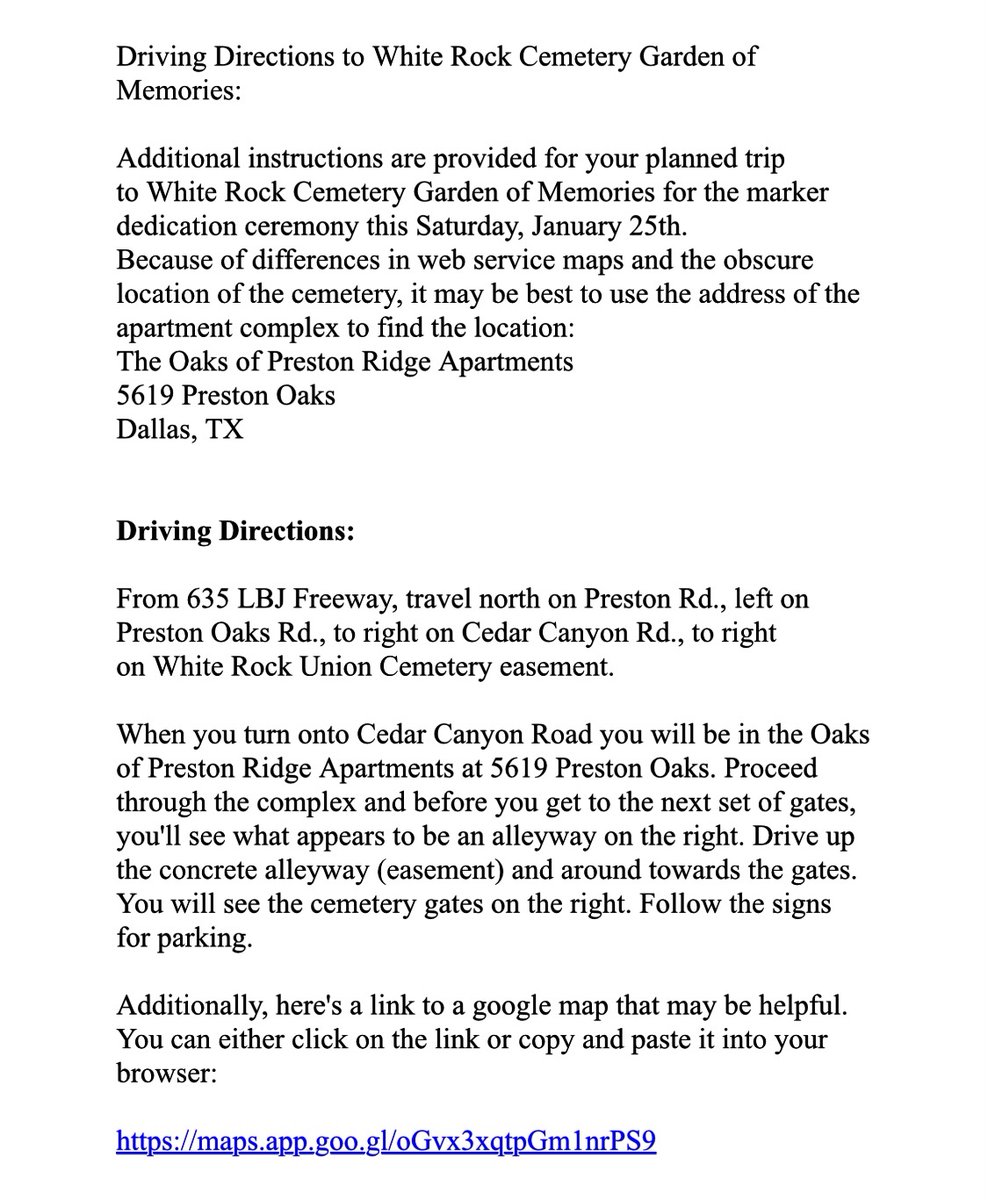 Remembering Black Dallas, Inc. (@rbdallashistory) on Twitter photo Please join RBD with <a href="/DallasParkRec/">Dallas Park and Recreation Department</a> for the dedication of a state historical marker at White Rock Cemetery Garden of Memories on Saturday, January 25th at 10 am. See the third image for helpful driving directions. We hope to see you there! <a href="/edgray1906/">Dr. Ed Gray</a> <a href="/DallasCountyJI/">Dallas County Justice Initiative</a> Please join RBD with <a href="/DallasParkRec/">Dallas Park and Recreation Department</a> for the dedication of a state historical marker at White Rock Cemetery Garden of Memories on Saturday, January 25th at 10 am. See the third image for helpful driving directions. We hope to see you there! <a href="/edgray1906/">Dr. Ed Gray</a> <a href="/DallasCountyJI/">Dallas County Justice Initiative</a>