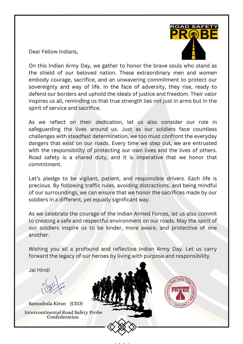 On Indian Army Day, we salute our brave soldiers who protect our nation. Let’s honor them by committing to road safety—every life is precious! 

Join the IRSPC in making our roads safer for all. 
<a href="/RoadSafetyNGOs/">Road Safety Alliance</a>
<a href="/MORTHRoadSafety/">MORTHRoadSafety</a> <a href="/nitin_gadkari/">Nitin Gadkari</a>