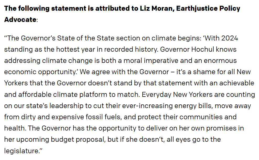 LizAGMoran's tweet photo. ICYMI: @Earthjustice on Governor Hochul's 2025 #NYSOTS. Summary: Major climate delays and inaction despite the Governor's own rhetoric and promises. Read 👉https://t.co/gfMlaEb3jZ https://t.co/YHEuHWkIv8