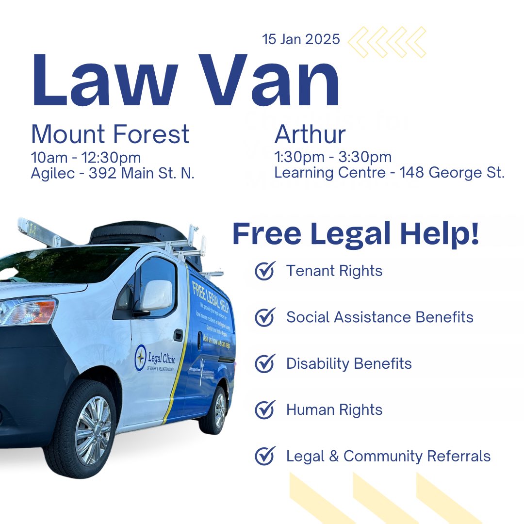 GWLegalClinic's tweet photo. Visit the #LawVan for free legal help today, Jan 15. We’re making stops in Mount Forest & Arthur.
@TwpWellNorth @AgilecMtForest @WCLCLearn @StonehengeTC @CMHAWW @NWCommunityNews @887theriver https://t.co/9fvrPu5GZr