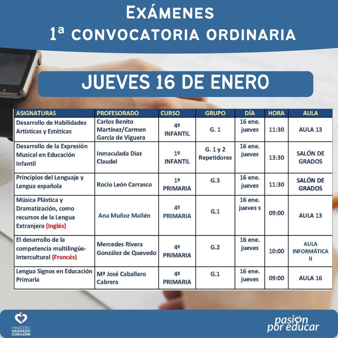 Exámenes 1ª Convocatoria Ordinaria asignaturas 1er Cuatrimestre

Jueves 16 de enero

uco.es/sagradocorazon…

#magisteriosc #pasiónporeducar #examenes