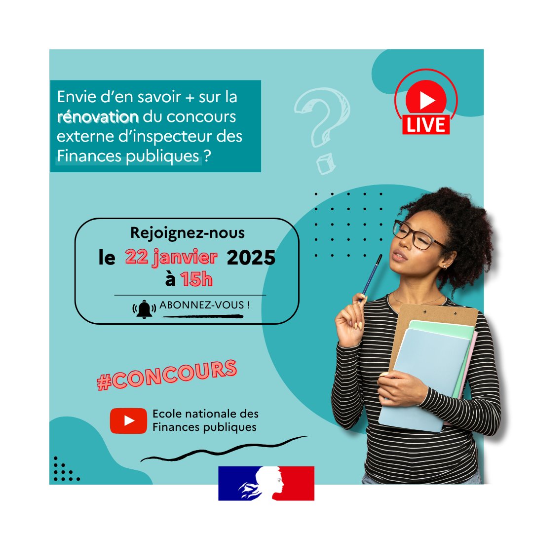 📢 #Annonce | 🪧 L’ENFiP vous invite à un live YouTube pour découvrir la rénovation du concours externe d'inspecteur de la <a href="/dgfip_officiel/">Direction générale des Finances publiques</a> .

🗓️ RDV le 22 janvier 2025
🕒 15h00
🔗 youtube.com/@enfip
🔃 N'hésitez pas à partager cet évènement !

#YouTubeLive #RLFP #concours