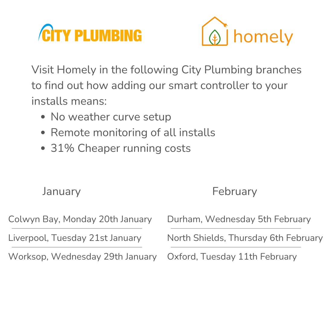 🚐 Homely is visiting <a href="/CityPlumbingUK/">City Plumbing UK</a>
branches across the UK! Check the dates below and stop by to see how Homely can boost your sales, simplify heat pump installs, and offer remote monitoring for your customers. Don’t miss out! #SmartHeating #HeatPumps #InstallerSupport