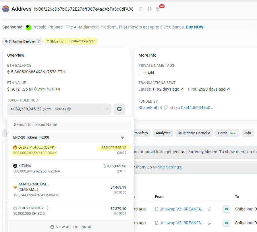 Dinarian888's tweet photo. 🚀 Will #Devcon2025 Launch $OSAK into $SHIB Status? I’m calling it— @OsakaProtocol  could really be the next $SHIB sending thousands into crypto millionaire status! 

Here’s why: 👇

🔑 Key Takeaways:

🌐 Decentralization reborn
💧 Same liquidity added as $SHIB
📜 Same contract and supply model as #SHIB
🎁 Airdrop for SHIB missors
🔥 50% of $OSAK & LP sent to @RyoshiResearch (SHIB Deployer Wallet Verified see below screenshot)

DYOR and see for yourself—big things are on the horizon! 🌌💰 #Crypto #OSAK