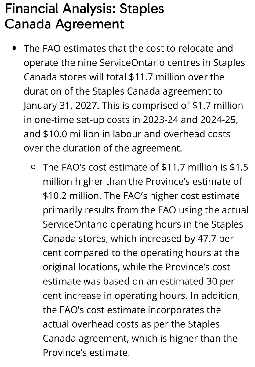 RichardCityNews's tweet photo. #BREAKING - The FAO, Ontario Financial Watchdog, finds the Ford government moving 9 ServiceOntario’s into Staples stores will cost taxpayers $11.7 million, more than if they were left with private operators. While Staples has increased hours, there are 30% fewer service desks. 🧵 https://t.co/ZZFsTDrOYp