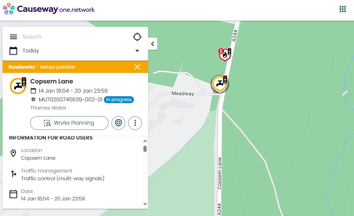 Avoid Copsem Lane in Esher if you can. Temp lights in place due to gas leak and flooding. SGN and Thames Water on site until 20 Jan.