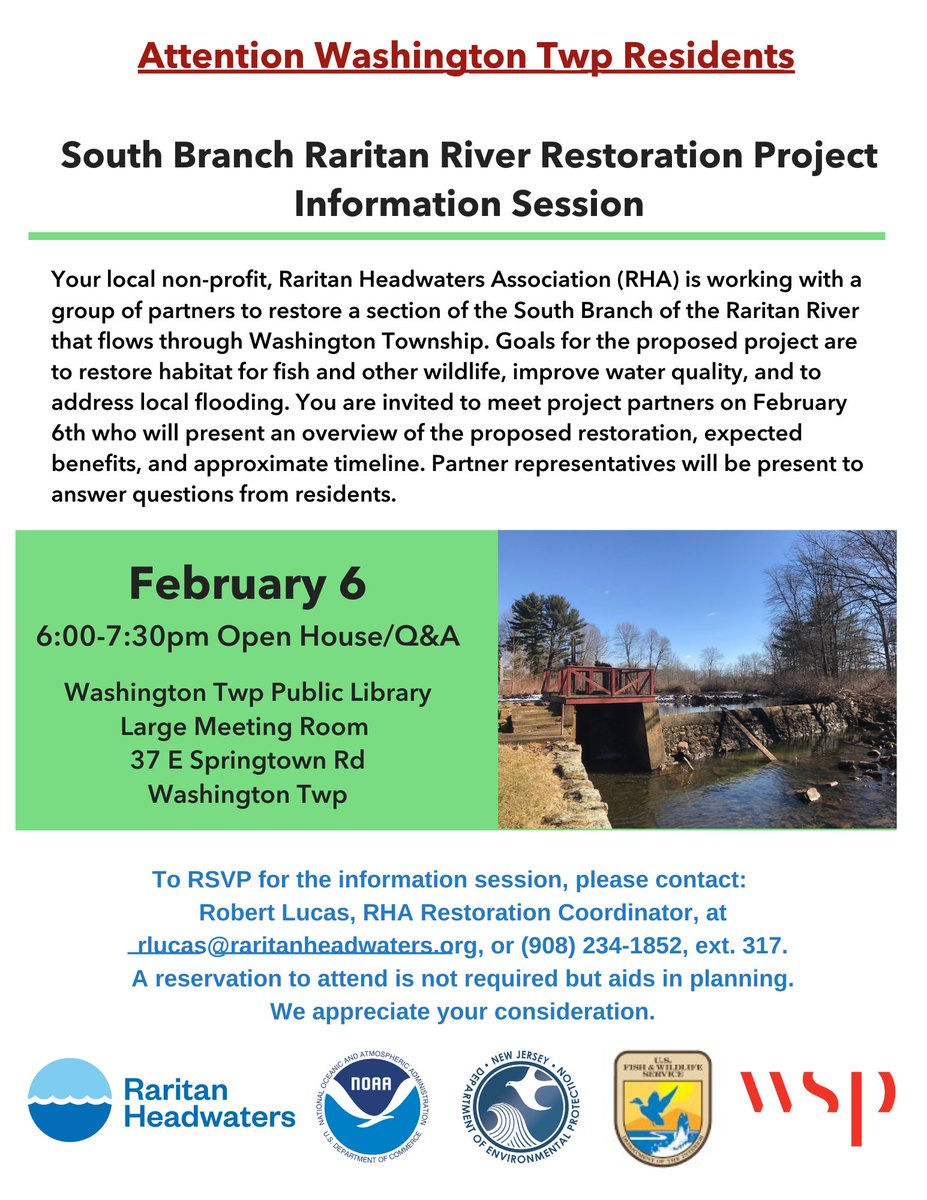 The Raritan Headwaters Association will be hosting an Open House/Q&amp;A at the Washington Twp Public Library on February 6 from 6:00-7:30pm.  Check out the flyer for more details.