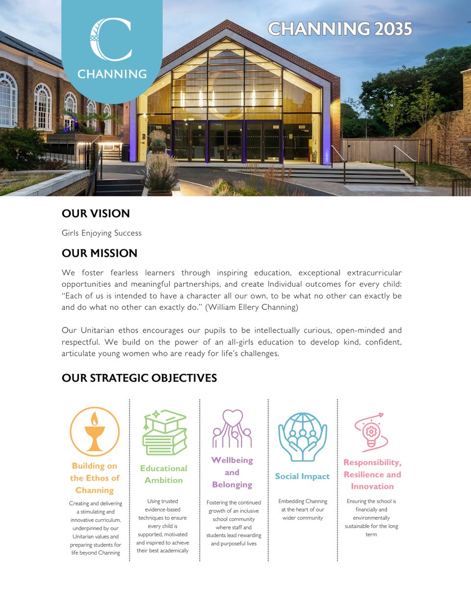 ChanningSchool's tweet image. On 28 January 2025, we’ll  celebrate 140 years of Channing.  Last night, Mrs Hughes, unveiled Channing 2035 – a bold vision for the next decade, designed to inspire fearless learners.  Today, we’re excited to share this vision with the wider community. channing.co.uk/about-us/strat…