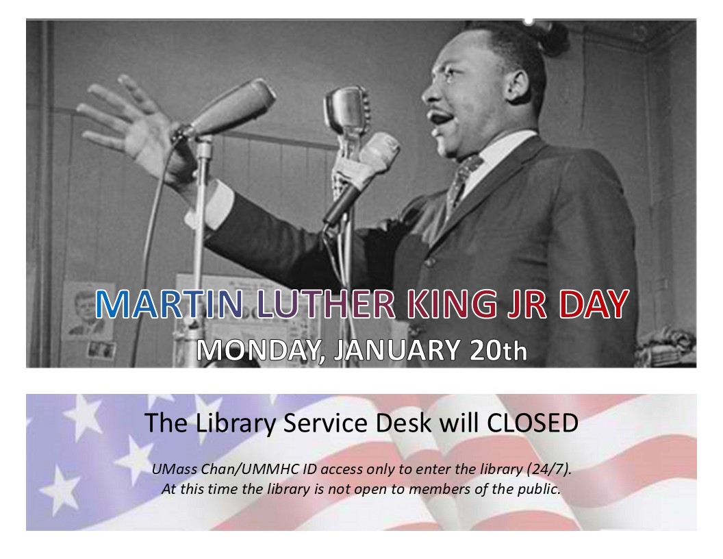 Lamar Soutter Library at UMass Chan Medical School (@umasschanlib) on Twitter photo Library Service Desk will be closed for Martin Luther King Jr Day on Monday, January 20, 2025. <a href="/UMassChan/">UMass Chan Medical School</a> <a href="/umassmemorial/">UMass Memorial Health</a> Library Service Desk will be closed for Martin Luther King Jr Day on Monday, January 20, 2025. <a href="/UMassChan/">UMass Chan Medical School</a> <a href="/umassmemorial/">UMass Memorial Health</a>