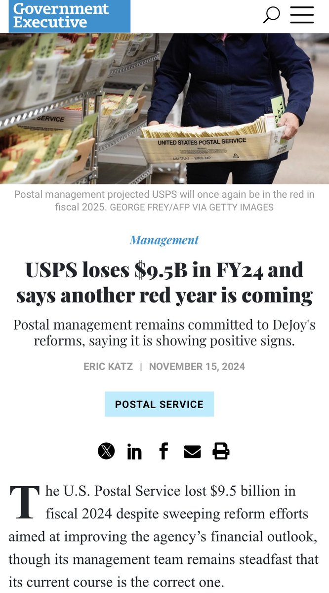 In 2024, the US Postal Service lost $9.5B and says it will lose at least $7B in 2025…and has been in the red for years. Time to privatize the postal service…imagine if <a href="/Amazon/">Amazon</a>, <a href="/Fedex/">FedEx</a>, <a href="/UPS/">UPS</a> or <a href="/Tesla/">Tesla</a> ran the national postal system? <a href="/elonmusk/">Elon Musk</a> <a href="/DOGE/">Department of Government Efficiency</a>