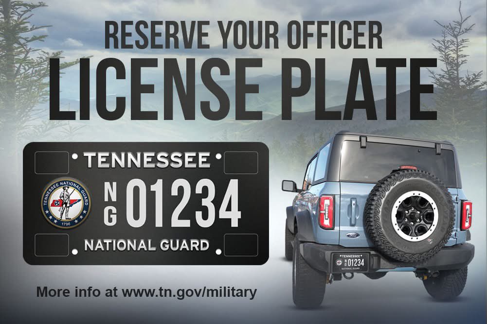 TNMilitaryDept's tweet image. It's time to order your Tennessee National Guard license plates!
FOR OFFICERS: (before April 30, 2025) go to tn.gov/military/resou… from a NON-RCAS COMPUTER.
FOR ENLISTED MEMBERS: You are authorized 1 FREE Guard plate. Go to your local County Clerk’s office at any time…