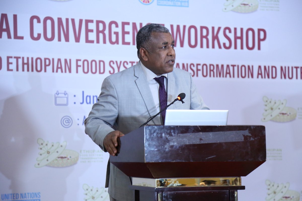 FoodSystems's tweet photo. At Ethiopia’s Convergence Initiative workshop, H.E. Dr. Girma Amente, Minister of @MoA_Ethiopia & National Convenor, emphasized the power of science, technology & innovation to tackle climate change’s impact on agriculture – essential for millions of livelihoods. He encouraged multistakeholder collaboration to transform Ethiopia’s #FoodSystems. 🤝