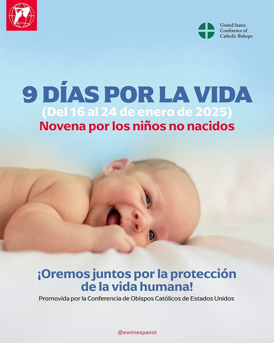 aciprensa's tweet photo. Del 16 al 24 de enero de 2025, se llevará a cabo “9 Días por la Vida”, una novena promovida por la Conferencia de Obispos Católicos de Estados Unidos (USCCB, por sus siglas en inglés) que está enfocada en la protección de la vida humana y en el fin del aborto.

Cada día incluirá una intención específica, una breve reflexión y una acción concreta. Los participantes podrán descargar las oraciones o recibirlas por correo electrónico o mensaje de texto, y habrá materiales disponibles en inglés y español para compartir en parroquias, escuelas o ministerios.

En la Iglesia Católica, una novena es un tiempo de oración durante nueve días consecutivos. Esta novena, en especial, representa un espacio para la oración y penitencia, en honor al Día Anual de Oración por la Protección Legal de los Niños No Nacidos, que se conmemora el 22 de enero.

“Este 22 de enero y en adelante, necesitamos tener la seguridad de que Jesús mismo, que es la fuente de nuestra esperanza, fue el primero en ser herido por nuestras ofensas y sufrió por cada uno de nuestros pecados, incluido el aborto. Por favor, únanse a mí en oración para que Dios llene los corazones de las madres y los padres que sufren las heridas emocionales y psicológicas del aborto con la esperanza del perdón que sólo Él puede dar. Los invitamos a buscar el apoyo de los ministerios compasivos y confidenciales de la Iglesia”, indicó este 13 de enero Mons. Daniel E. Thomas, Obispo de Toledo y encargado del Comité de Actividades Provida del Episcopado estadounidense.

El rezo de esta novena comenzó en 2013 en conmemoración del 40 aniversario de Roe v. Wade, la decisión de la Corte Suprema que legalizó el aborto en todo Estados Unidos. Si bien la decisión de 2022 de la Corte en Dobbs v. Jackson Women's Health Organization devolvió la cuestión del aborto a los representantes electos del pueblo a nivel federal y estatal, la USCCB recuerda que “se necesitan esfuerzos continuos para proteger a los niños y a sus madres de la tragedia del aborto”.

“Este es el decimotercer año que se lleva a cabo la novena. Desde que comenzó, ha llegado a cientos de miles de personas en más de cien países que abarcan seis continentes”, añade una publicación reciente del Episcopado en Estados Unidos.

Los participantes pueden acceder a la novena o suscribirse para recibir las oraciones diarias por correo electrónico o mensaje de texto en español en: https://t.co/Rxv6zRZ6Sd.