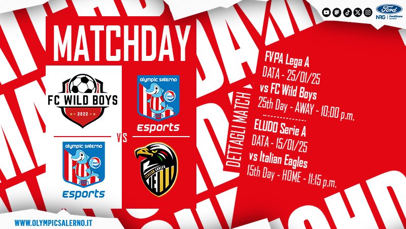 🔜 #Today

<a href="/FVPA_net/">FVPA.net 🇮🇹</a> [Lega A]
🗓 25th Day ✈️
🆚 #FCWildBoys
⌚ 22:00

<a href="/eLUDO_official/">eLUDO</a> [Serie A]
🗓 15th Day 🏠
🆚 <a href="/Italian_Eagles/">𝐈𝐓𝐀𝐋𝐈𝐀𝐍 𝐄𝐀𝐆𝐋𝐄𝐒 ®</a>
⌚ 23:15

#GoOSE ⚪🔴