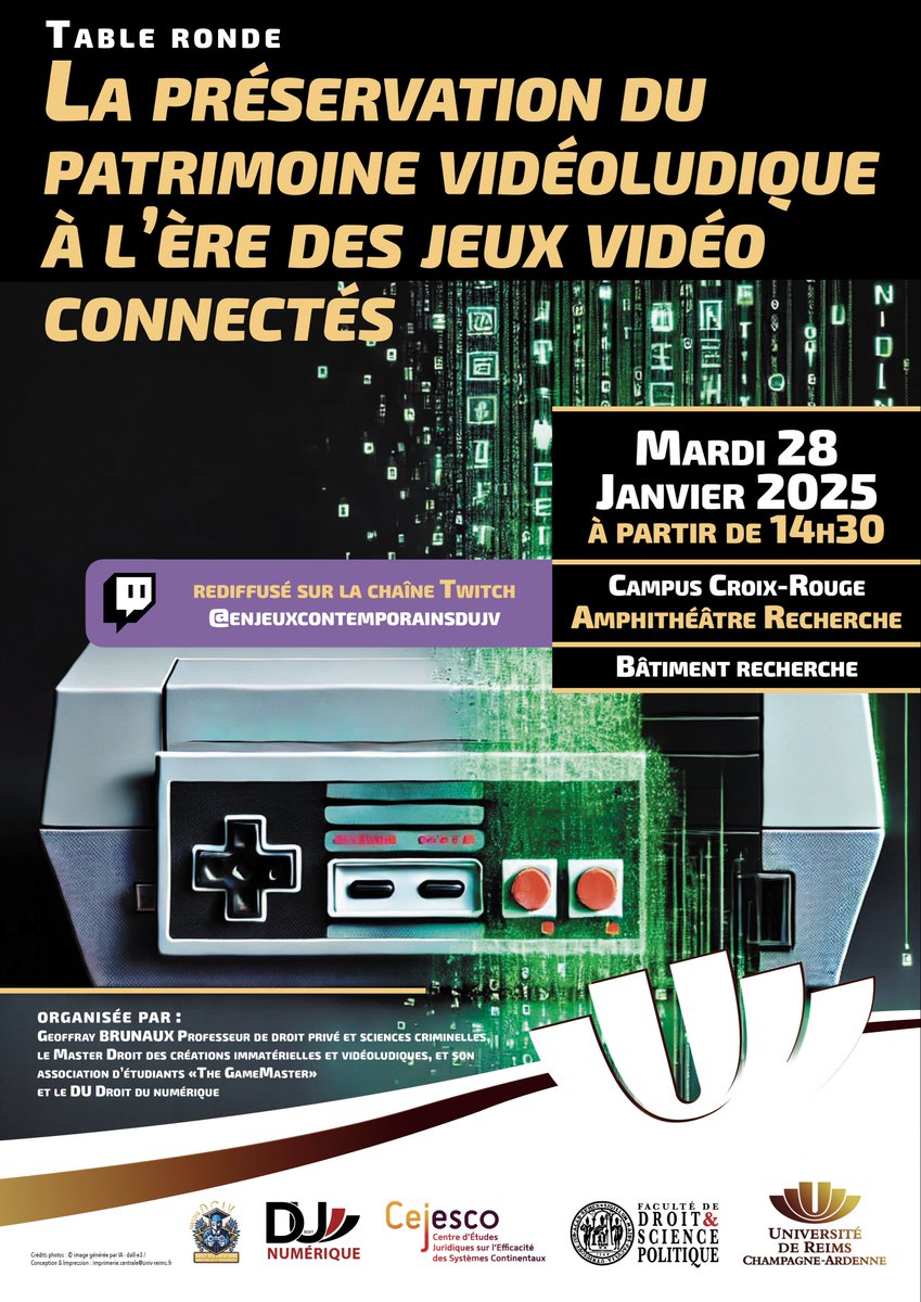 <a href="/MasterDCIVReims/">Master Droit du numérique - DCIV Reims</a> et <a href="/Droit_Numerique/">DU Droit du numérique</a> organisent une table ronde sur la préservation du patrimoine vidéoludique. Venez nombreux à <a href="/FacDSPReims/">Faculté de Droit et de Science Politique de Reims</a> et sur notre chaîne <a href="/TwitchFR/">Twitch FR</a> le mardi 28 janvier à 14h30!