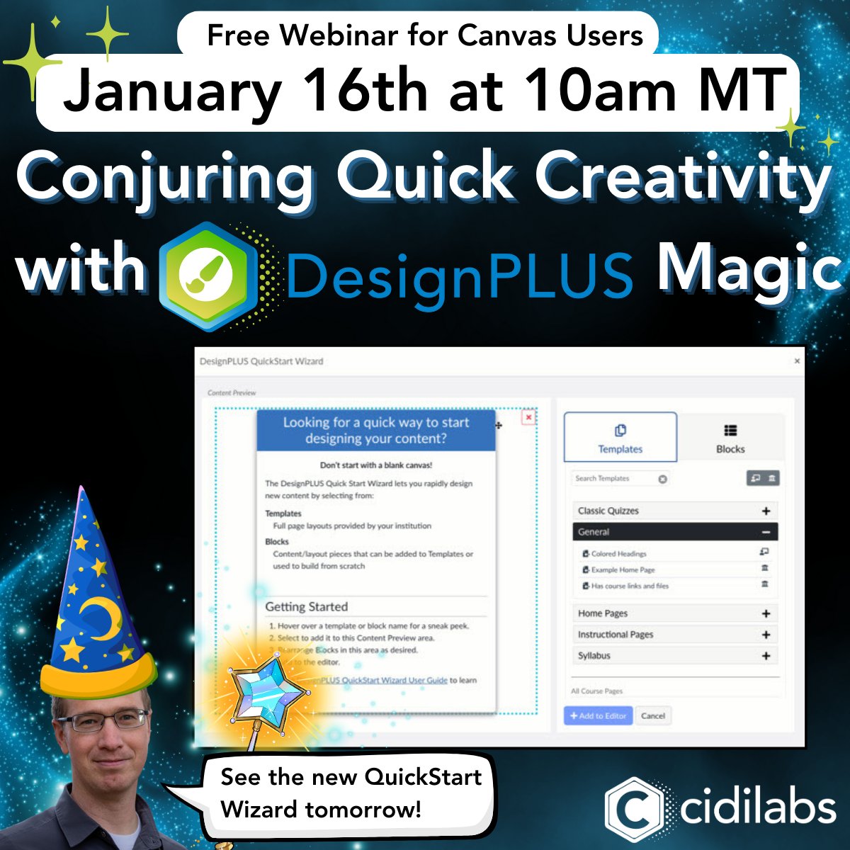 CidiLabs's tweet photo. 💫😮✨ Register https://t.co/WedWKKLlpy for tomorrow, January 16th at 10Am MT, to be joyfully flummoxed by how the DesignPLUS QuickStart Wizard can support new and growing users at all skill levels to design accessible, engaging content in Canvas. #webinar #canvas #coursedesign https://t.co/LIc54qCVjM