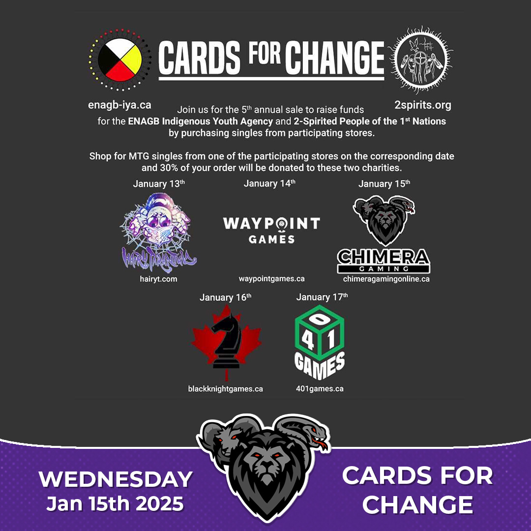ChimeraGamingCA's tweet photo. Today Wednesday January 15th at Chimera Gaming 30% of your MTG singles purchase will go towards a donation to the ENAGB indigenous Youth Agency and 2-Spirited People of the First Nations ❤️ #CardsforChange #MagictheGathering #ChimeraGaming https://t.co/j0enqCd04z
