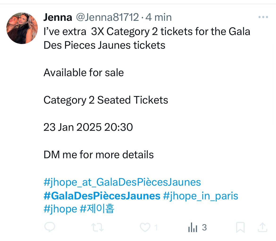 amesma_monica's tweet photo. @BTSinmyveins This bad character Jenna is a scam selling tickets to the Gala des Pieces Jaunes! I was honest and paid and she blocked me on DM! Please don't fall for this person's lie like I did! Now I have no ticket and no money to see J-Hope 🥹
#GalaDesPiecesJaunes https://t.co/Z7Wmm7wLjU
