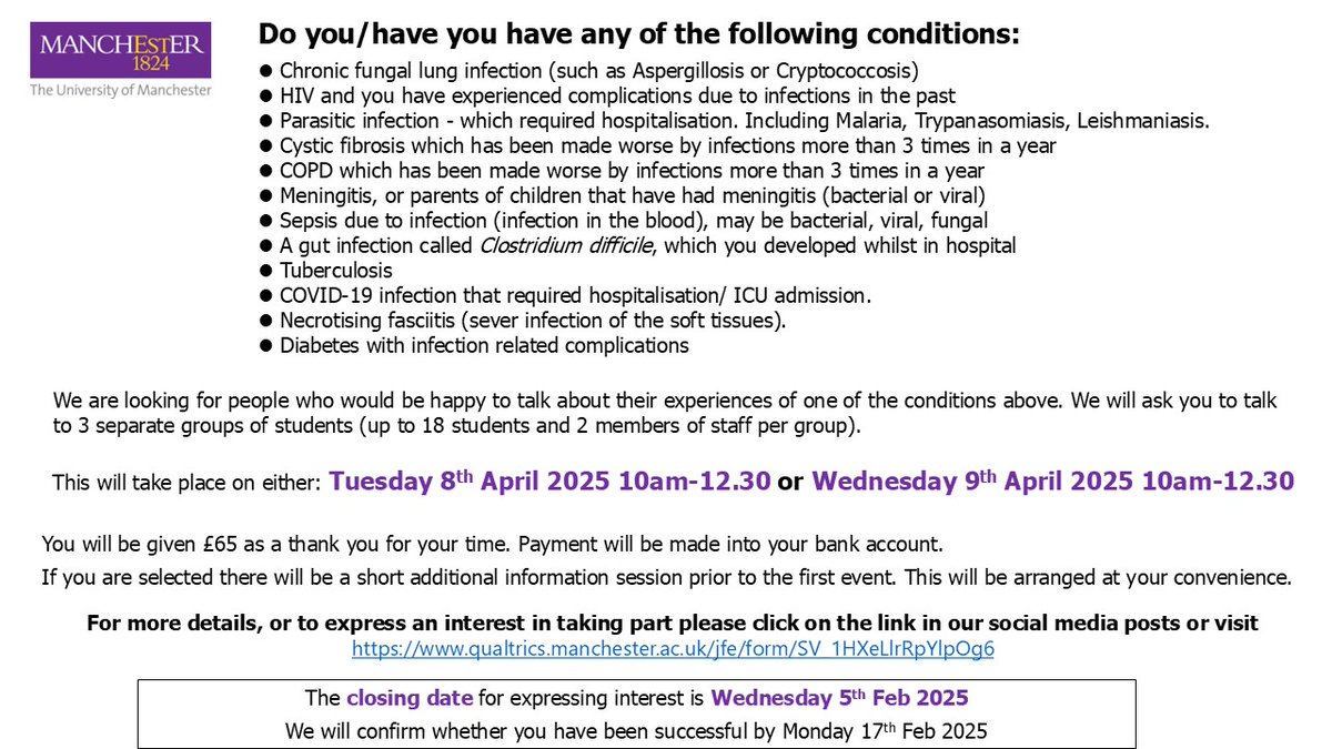 LindseyBwork's tweet image. Please RT. If you have had a gut infection called Clostridium difficile, which you developed whilst in hospital, and you would be willing to talk to Masters level students on zoom about your experiences of this
See qualtrics.manchester.ac.uk/jfe/form/SV_1H… for more details and to apply.