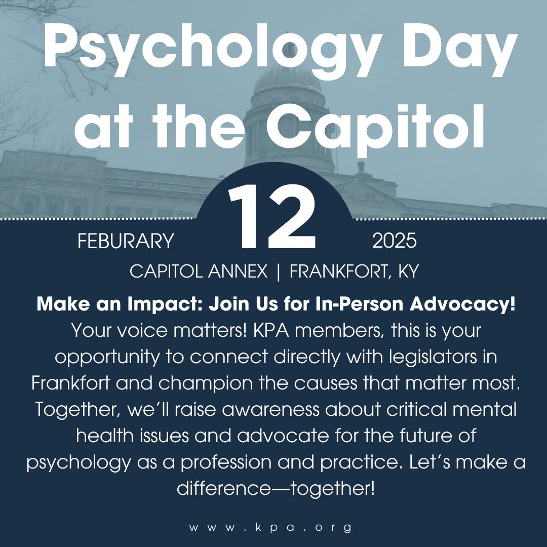 Your voice matters! 🗣️ Join KPA in Frankfort to advocate for mental health and the future of psychology. Let’s make a difference together! 

Sign up today: bit.ly/3DQQxHY

#Advocacy #MentalHealth #KPA