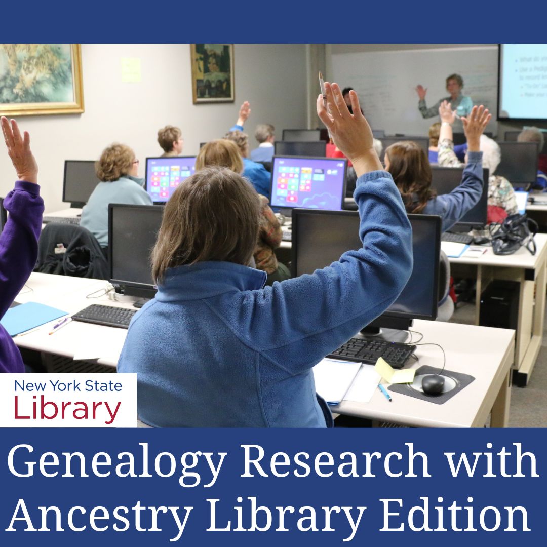 Join us 1/22 @ 1PM for "Genealogy Research with Ancestry Library Edition," a free onsite program from the NYS Library! 

More info &amp; to reg: buff.ly/3WeOF29

This program will be held onsite at the NYS Library. 

#Genealogy #GenealogyResearch #LocalHistory #NYHistory