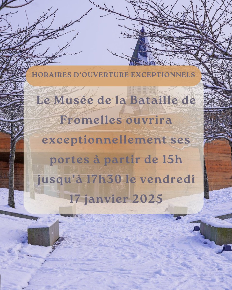 Musée de la Bataille de Fromelles (@fromelles1916) on Twitter photo Le Musée de la Bataille de Fromelles ouvrira exceptionnellement ses portes à partir de 15h jusqu'à 17h30 ce vendredi 17 janvier.
Veuillez nous excusez pour la gêne occasionnée.
Pour toute demande d'informations : contactmbf@lillemetropole.fr Le Musée de la Bataille de Fromelles ouvrira exceptionnellement ses portes à partir de 15h jusqu'à 17h30 ce vendredi 17 janvier.
Veuillez nous excusez pour la gêne occasionnée.
Pour toute demande d'informations : contactmbf@lillemetropole.fr
